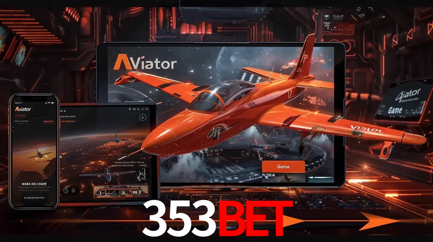 Apresentação tecnológica do jogo Aviator com um avião saindo da tela de um tablet, demonstrando a experiência imersiva em múltiplos dispositivos no 353BET.