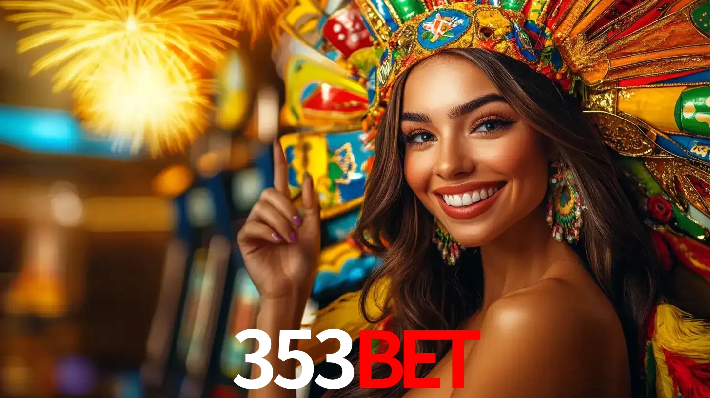 Mulher sorridente com um cocar de carnaval vibrante e colorido, celebrando uma grande vitória nos jogos do cassino 353BET com fogos de artifício ao fundo.