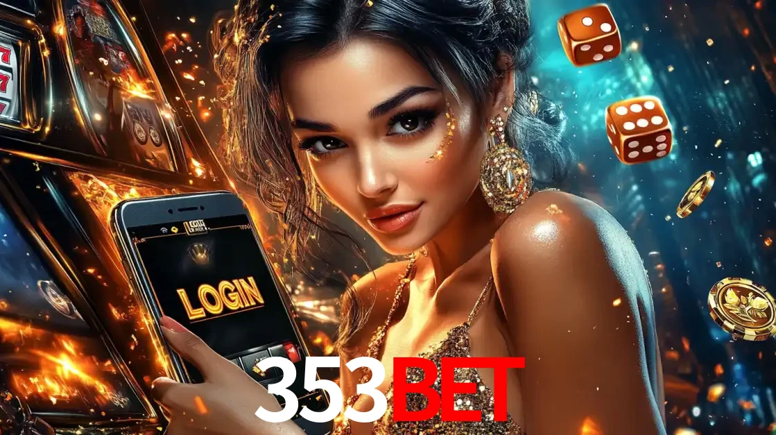 Mulher glamourosa segurando um celular com a tela de login do cassino 353BET, rodeada por dados e moedas douradas, pronta para começar a diversão.