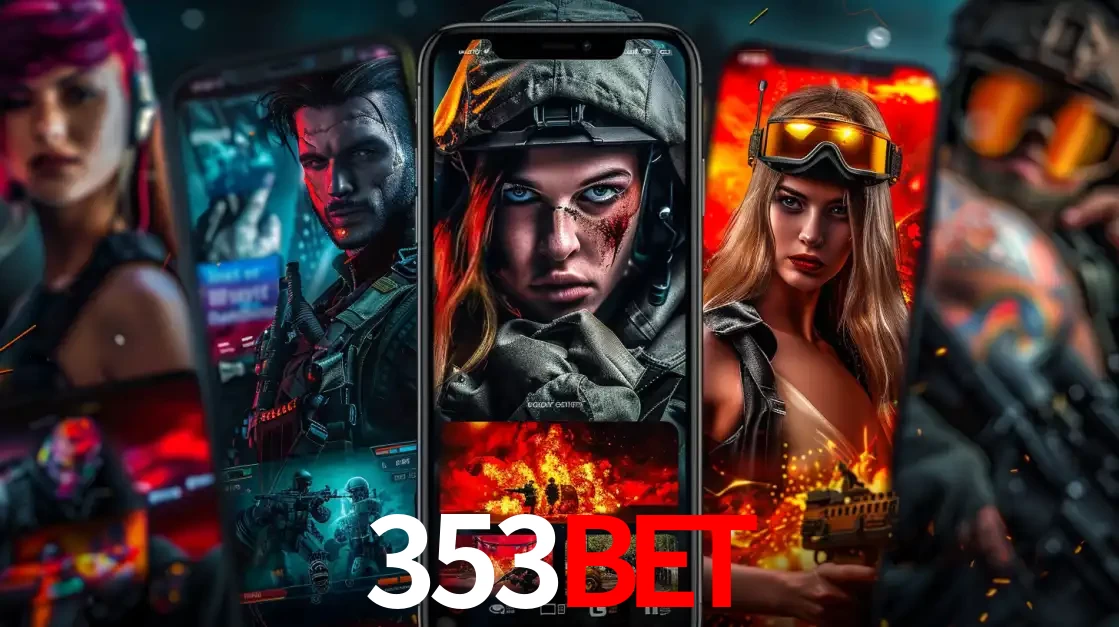 Montagem de telas de celular mostrando diversos personagens, masculinos e femininos, de um jogo de tiro, ilustrando a diversidade de equipes de e-sports para apostar no 353BET.