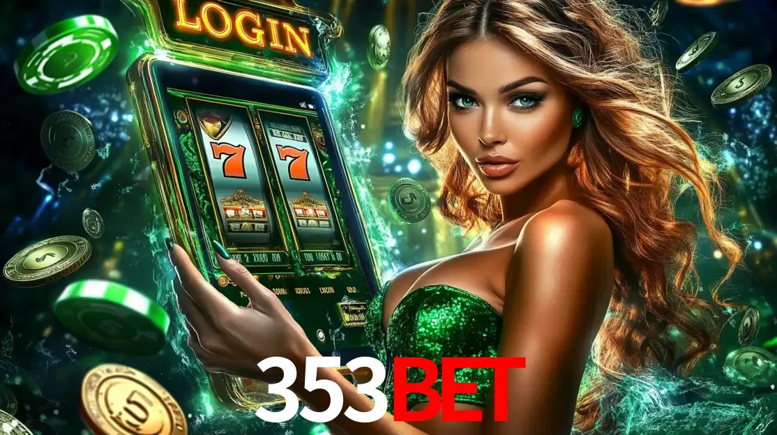 Mulher com tema verde apresentando o aplicativo do cassino 353BET com um jogo de slot de 777, cercada por fichas de cassino e uma aura de sorte.