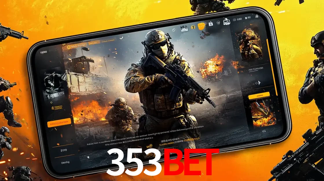Um smartphone exibindo a interface de um jogo de tiro em primeira pessoa, com um soldado em um cenário de batalha, representando a ação dos e-sports para apostar no 353BET.