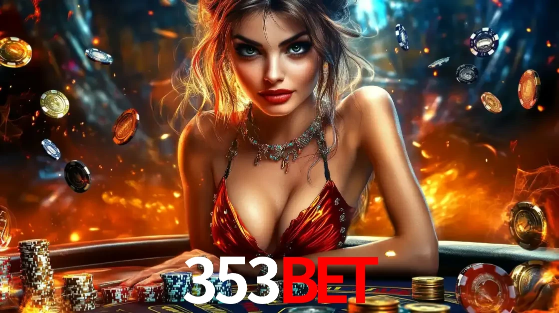 Mulher em uma mesa de cassino com pilhas de fichas e um fundo de fogo, pronta para uma rodada de altas apostas nos jogos de mesa emocionantes do cassino 353BET.