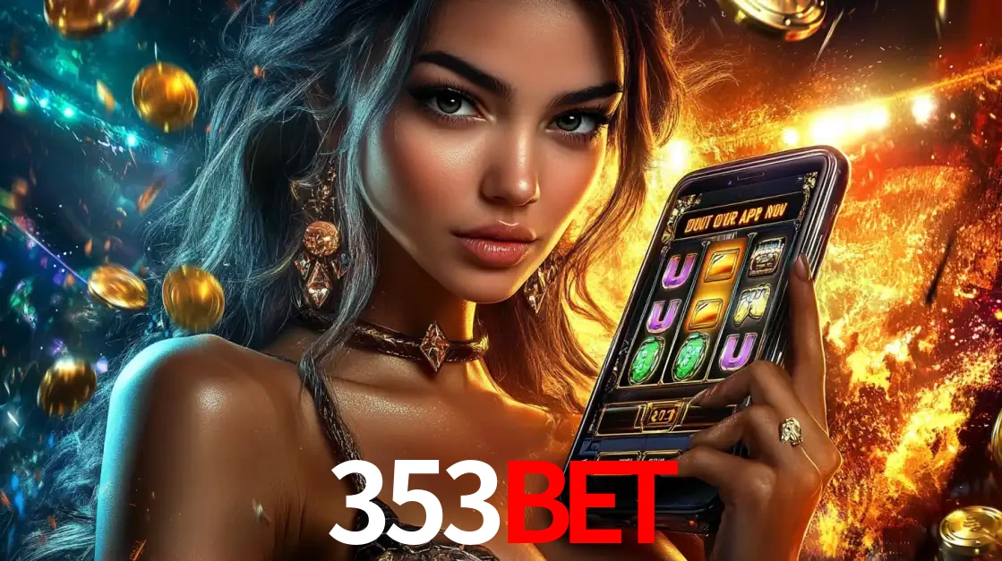 Mulher elegante mostrando um jogo de caça-níqueis em seu smartphone, destacando a experiência de cassino móvel oferecida pelo aplicativo 353BET.